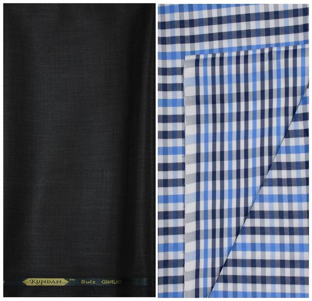 Kundan Sulz Gwalior Men's Executive Checks Shirt & Fancy  Trouser Fabric Combo Set ( 1 Pant Shirt Piece for Men )