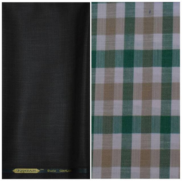 Kundan Sulz Gwalior Men's Executive Pure Cotton Checks Shirt & Fancy  Trouser Fabric Combo Set ( 1 Pant Shirt Piece for Men )