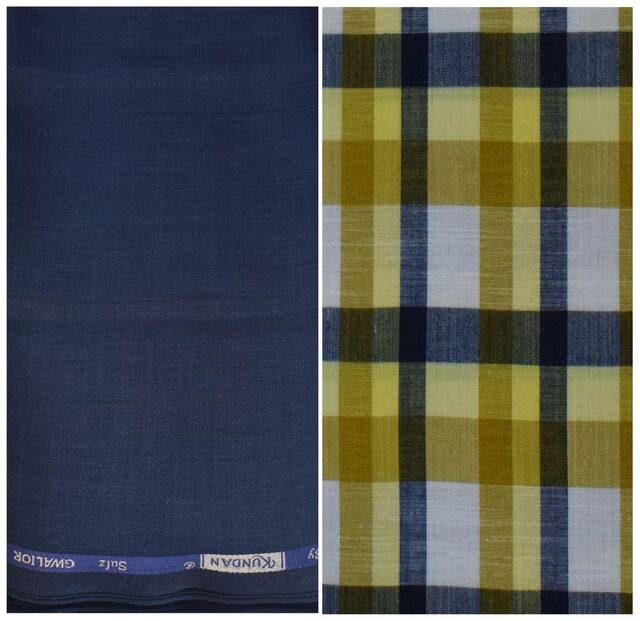 Kundan Sulz Gwalior Men's Executive Pure Cotton Checks Shirt & Fancy Navy Blue Color Trouser Fabric Combo Set ( 1 Pant Shirt Piece for Men )