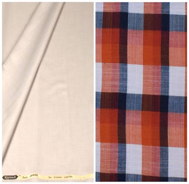 Kundan Sulz Gwalior Men's Executive Pure Cotton Checks Shirt & Fancy Beige Color Trouser Fabric Combo Set ( 1 Pant Shirt Piece for Men )