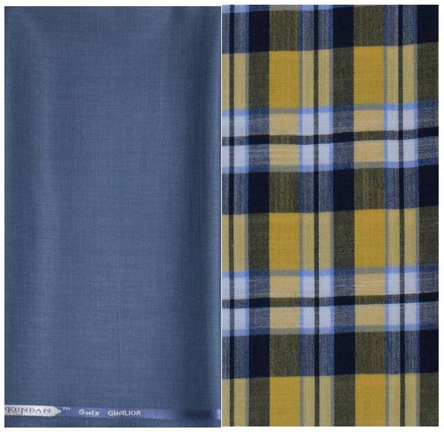 Kundan Sulz Gwalior Men's Executive Pure Cotton Checks Shirt & Fancy Blue Color Trouser Fabric Combo Set ( 1 Pant Shirt Piece for Men )