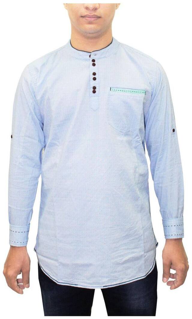 Kuons Avenue Men's Light Blue Self Design, Solid Cotton Casual Full Sleeve Chinese Collared Straight Kurta