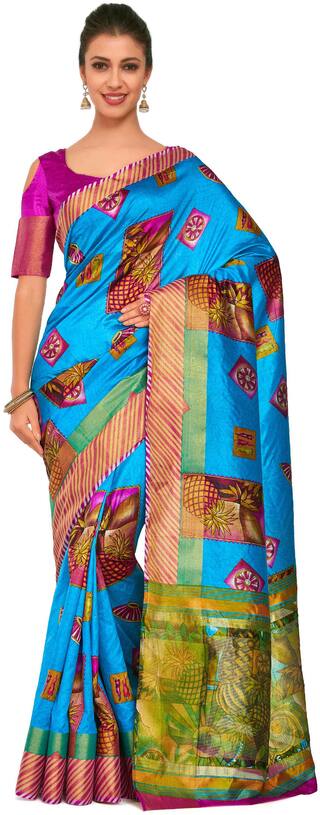 Kupinda Art Kalamkari prints saree with ikkat;pochampally and kanjivaram print pattren ith Contrast Blouse Color: Turquoise (4259-RP6-SALN-21-AND)