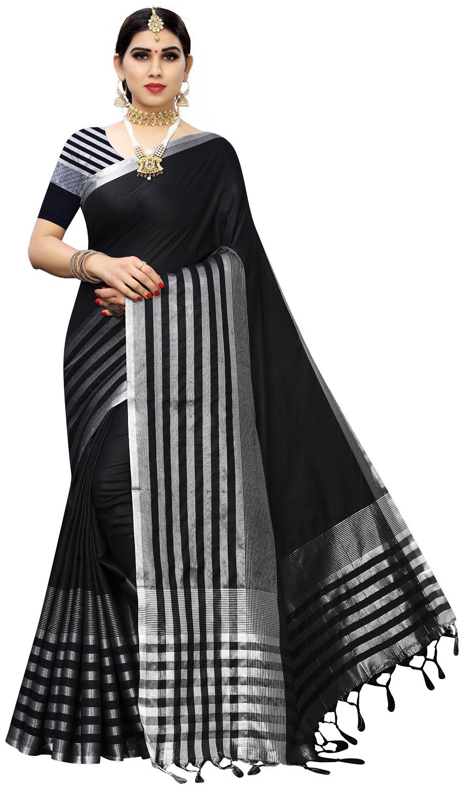 

Kv Fashion Women Black Cotton Striped Regular Saree