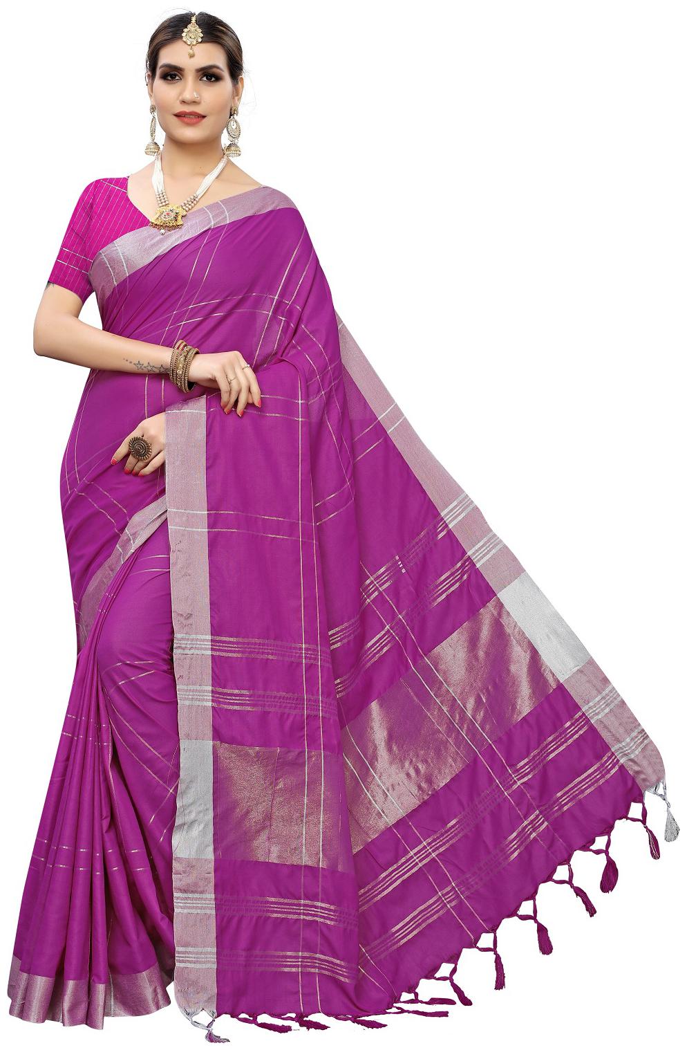 

Kv Fashion Women Purple Cotton Checkered Regular Saree