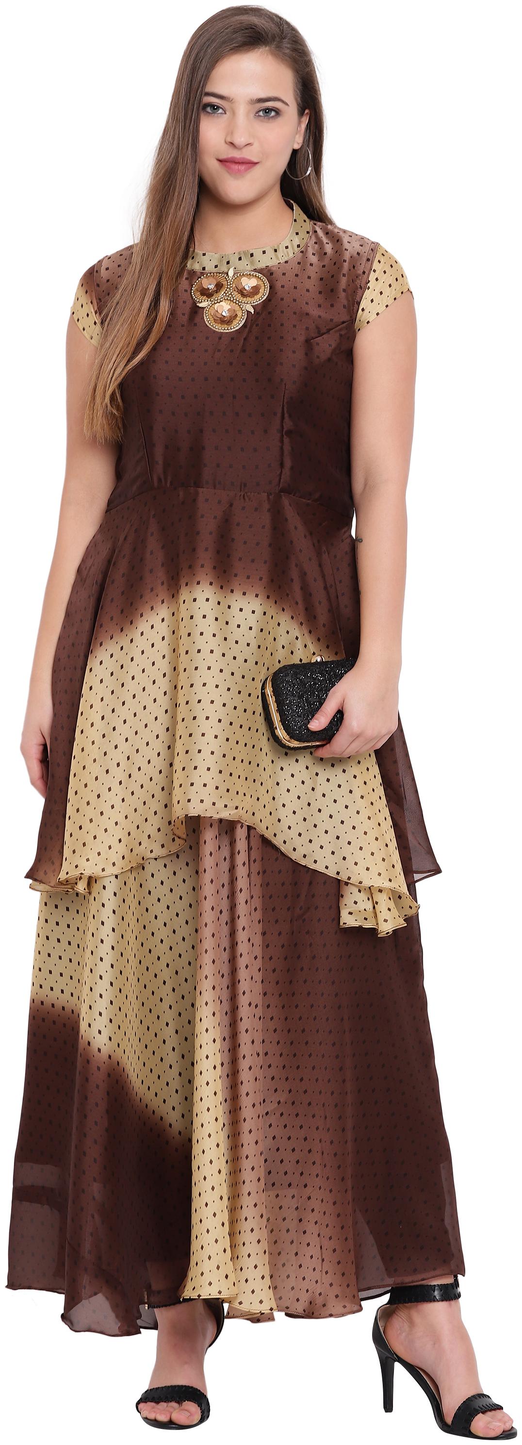 

Kvsfab Brown Cream Color Georgette Flared Dress