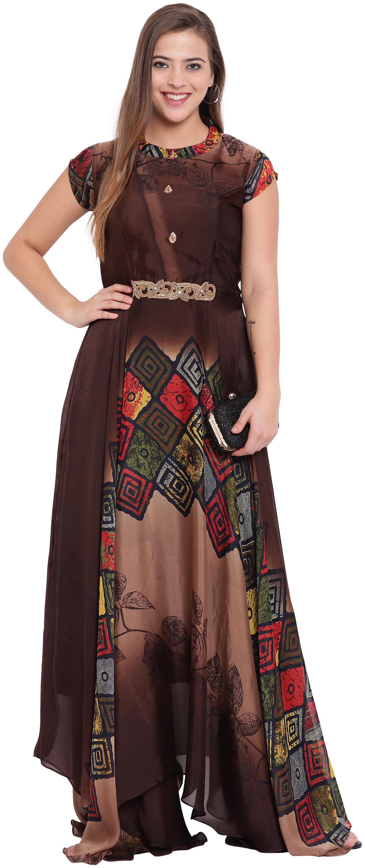 

Kvsfab Brown Multi Color Georgette Flared Dress