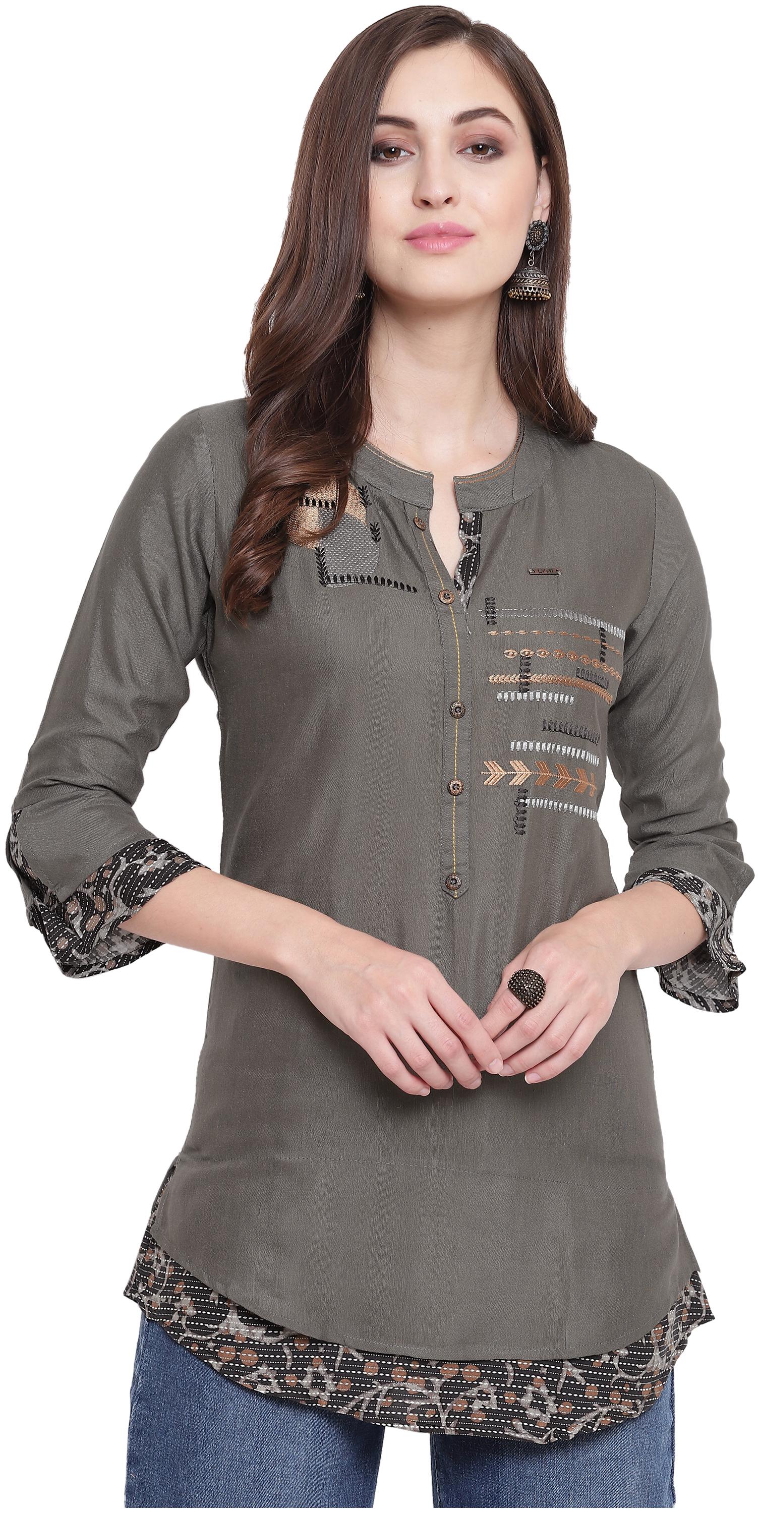 

Kvsfab Women Embroidered Regular tunic - Grey