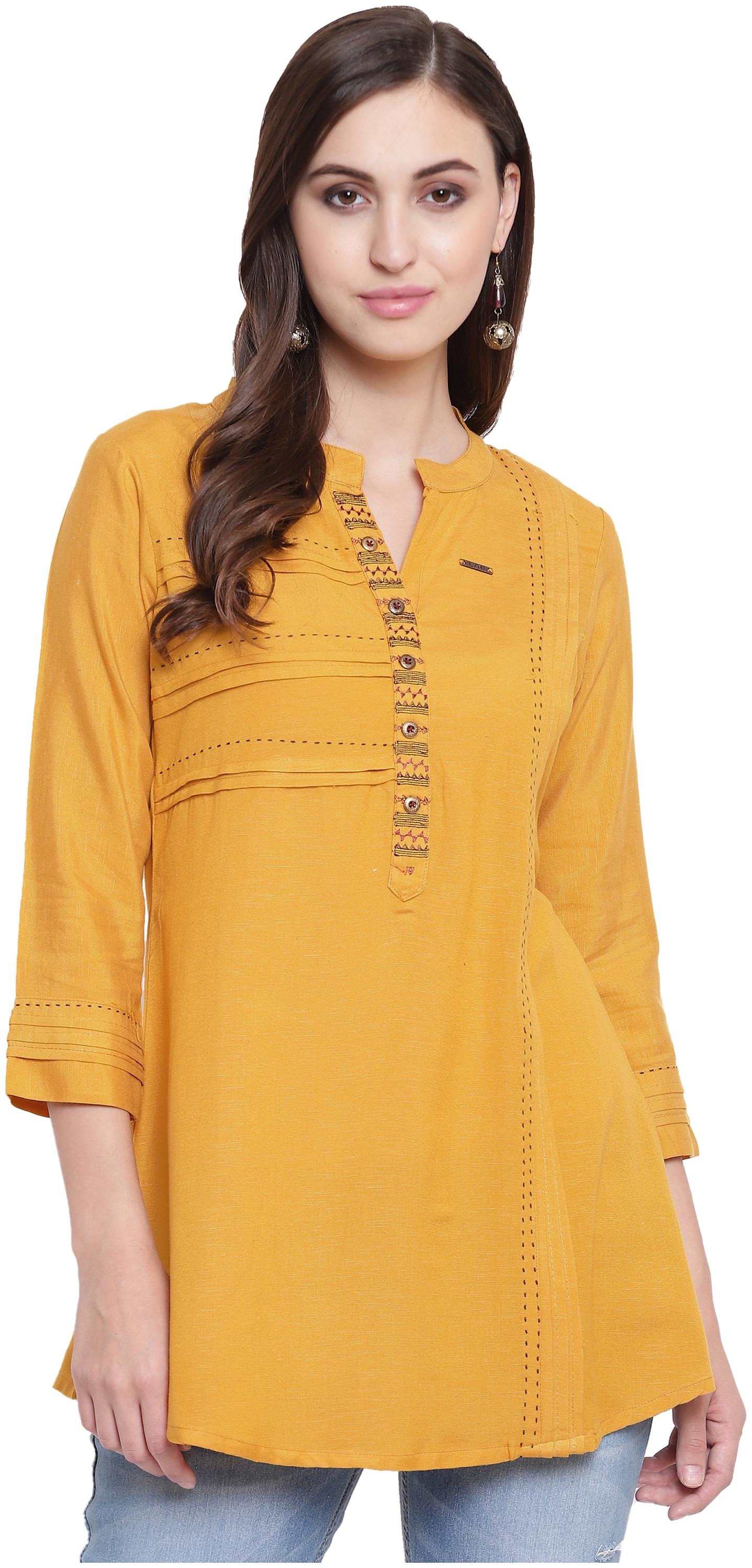 

Kvsfab Women Embroidered Regular tunic - Yellow