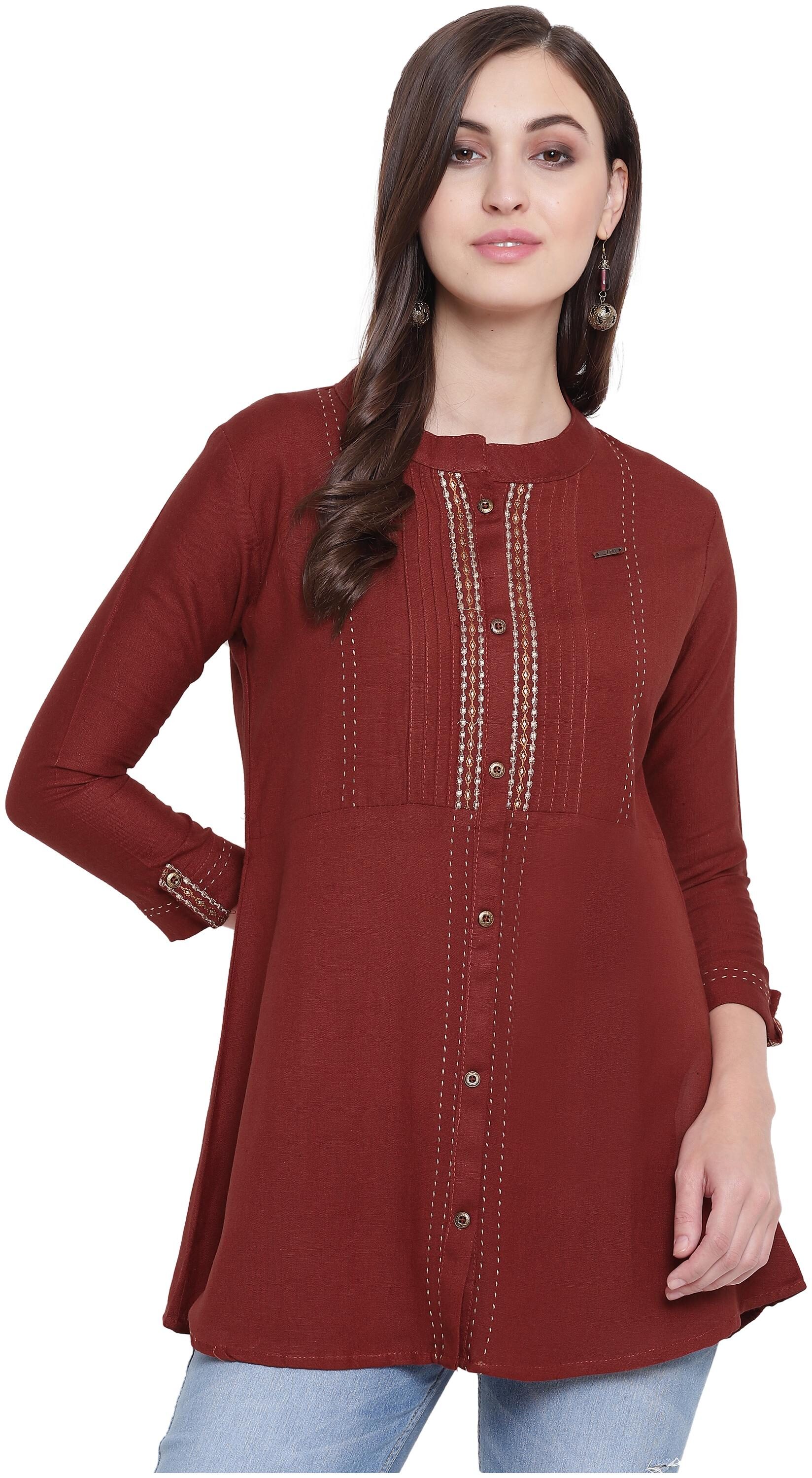 

Kvsfab Women Embroidered Regular tunic - Red