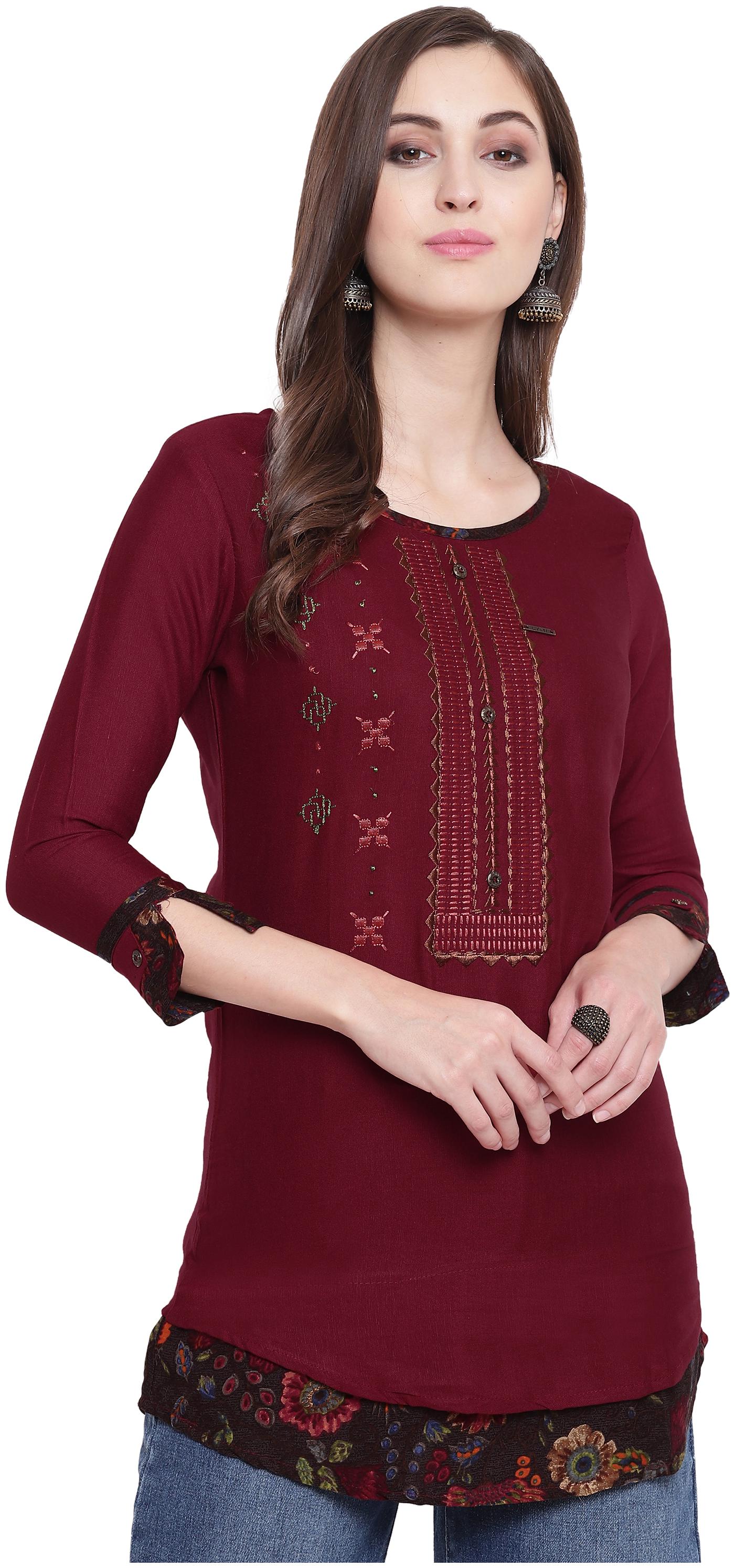 

Kvsfab Women Embroidered Regular tunic - Maroon