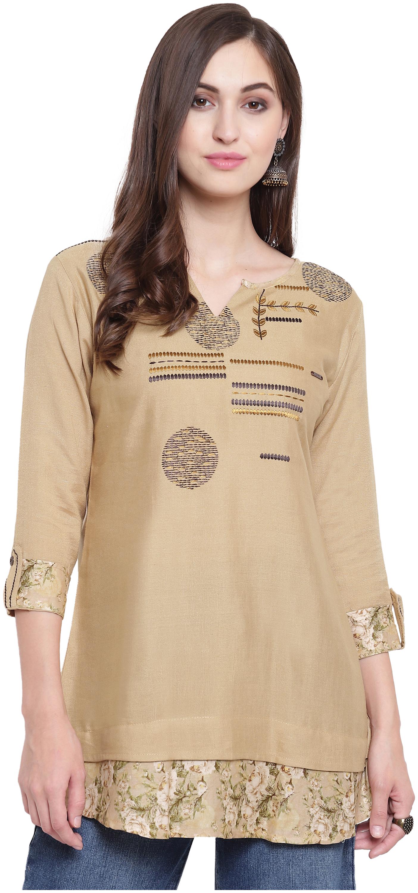 

Kvsfab Women Embroidered Regular tunic - Beige