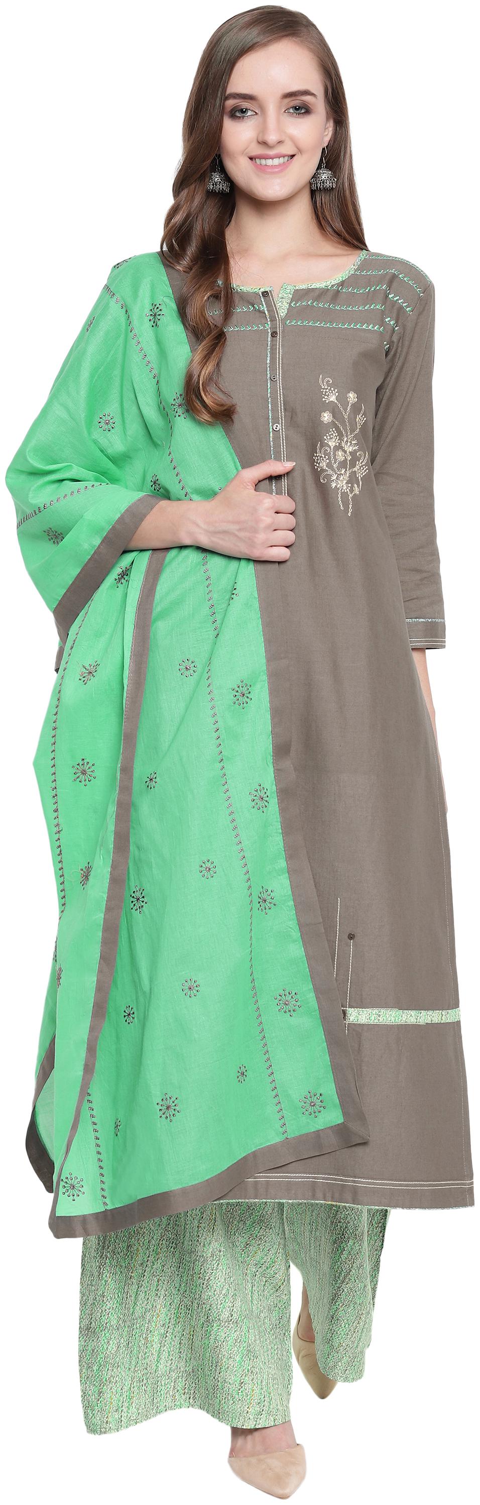 

Kvsfab Cotton Embroidery Grey Green Suit Set