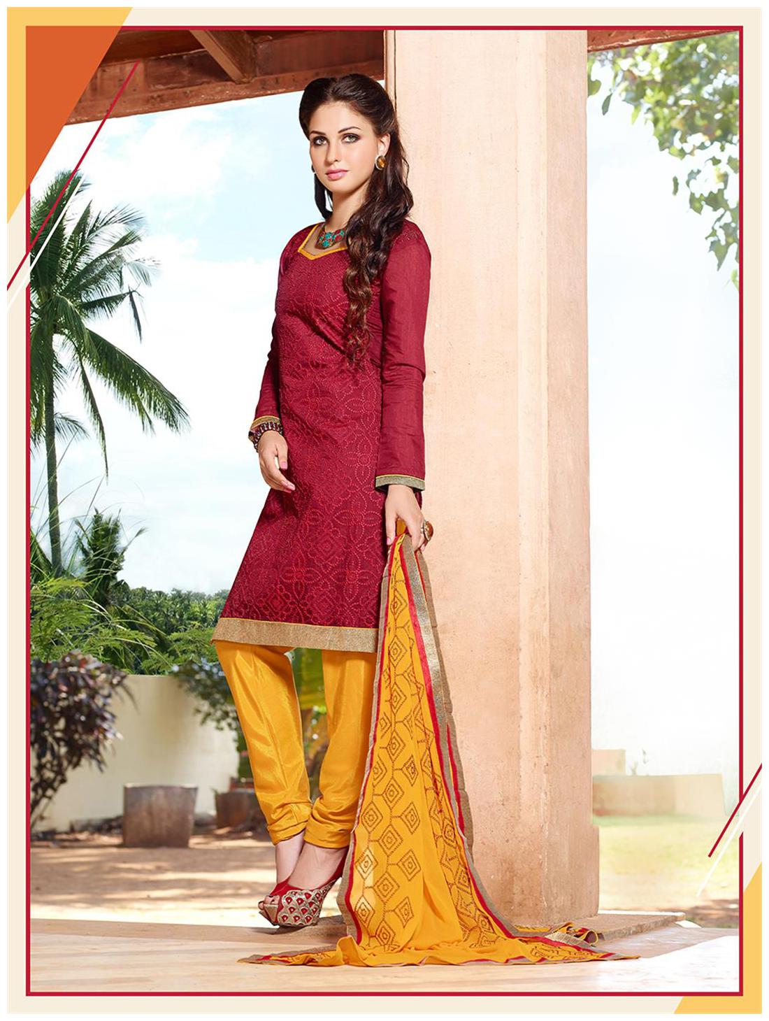 

KVSFAB Dress Material Chanderi Dark red Embroidered chudidar Dress Material