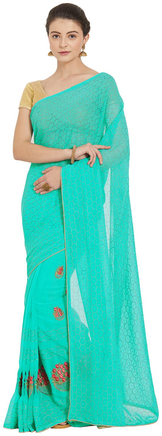 

Kvsfab Turquoise Embroidered Universal Regular Saree With blouse