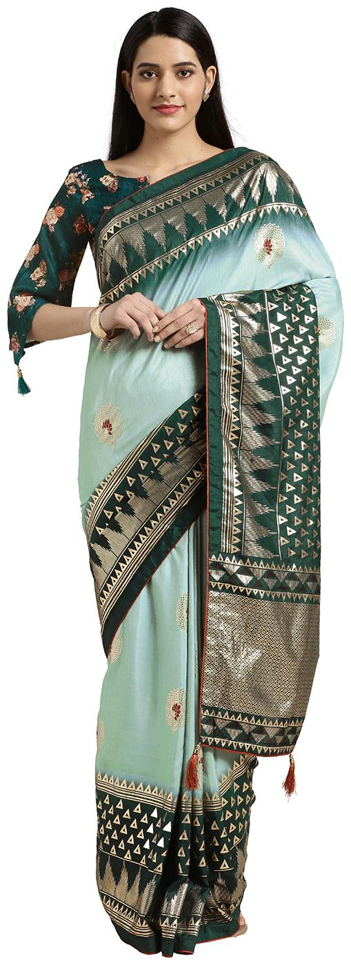 

Kvsfab Green Foil Print Silk Blend Saree