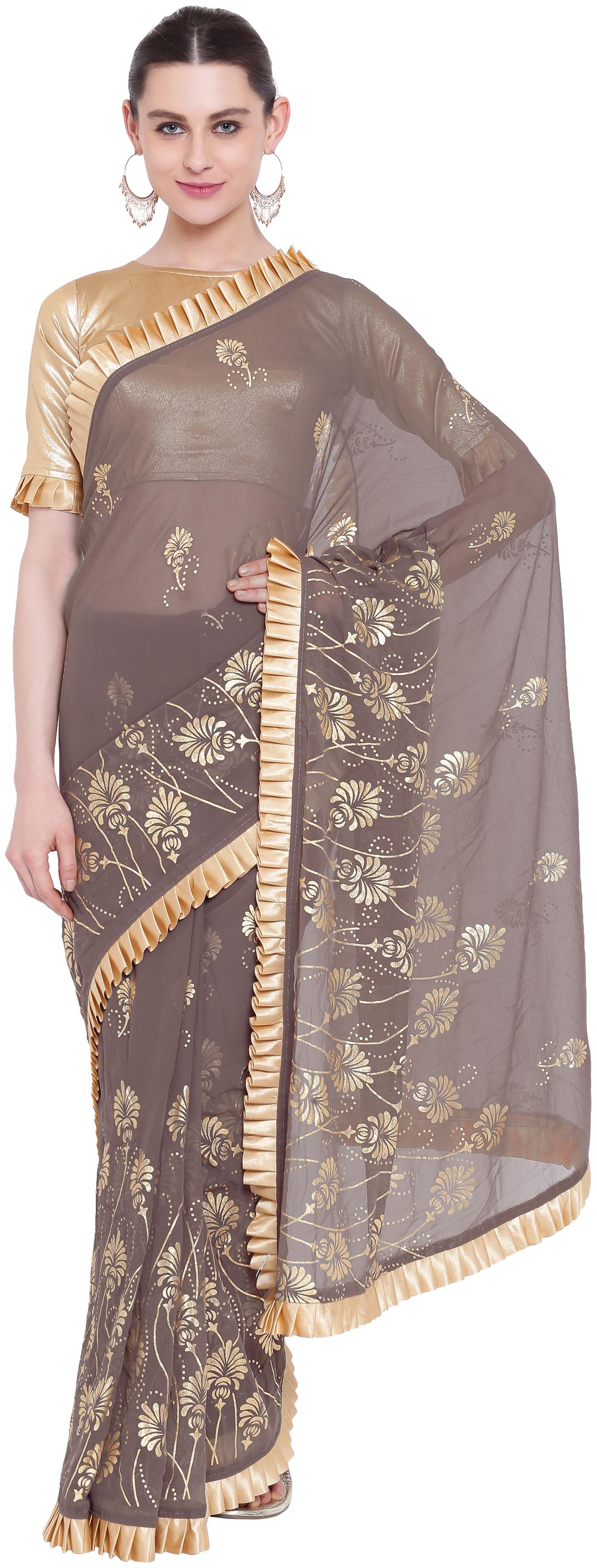 

Kvsfab Grey Color Georgette Foil Print Saree