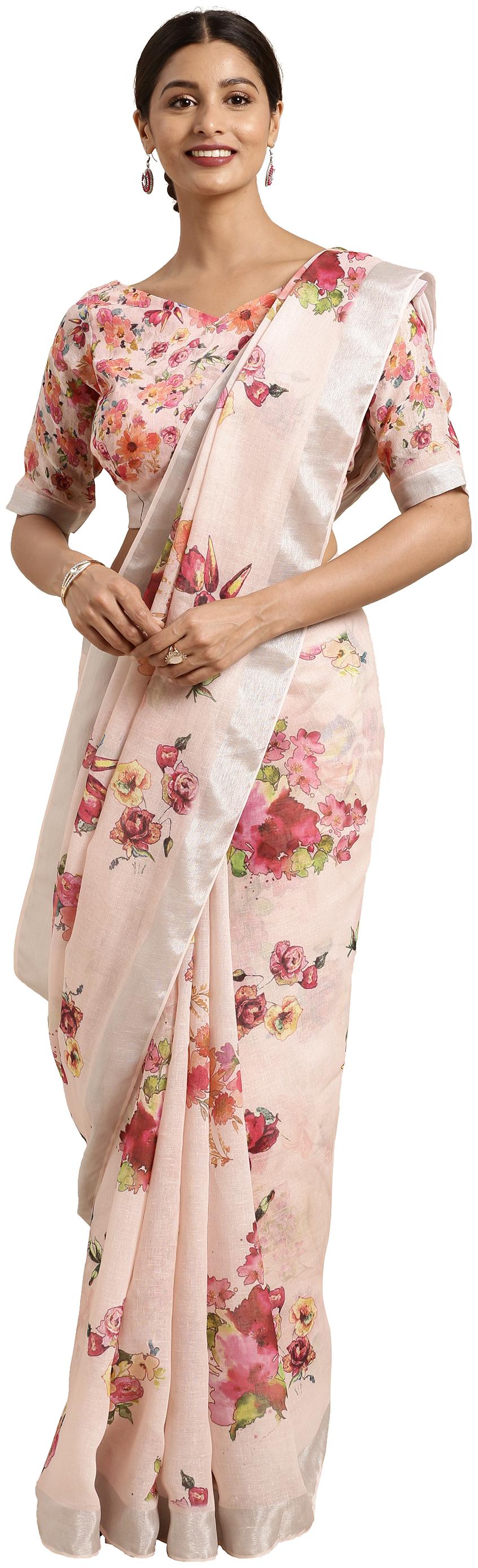 

Kvsfab Peach Floral Universal Regular Saree With Blouse With blouse