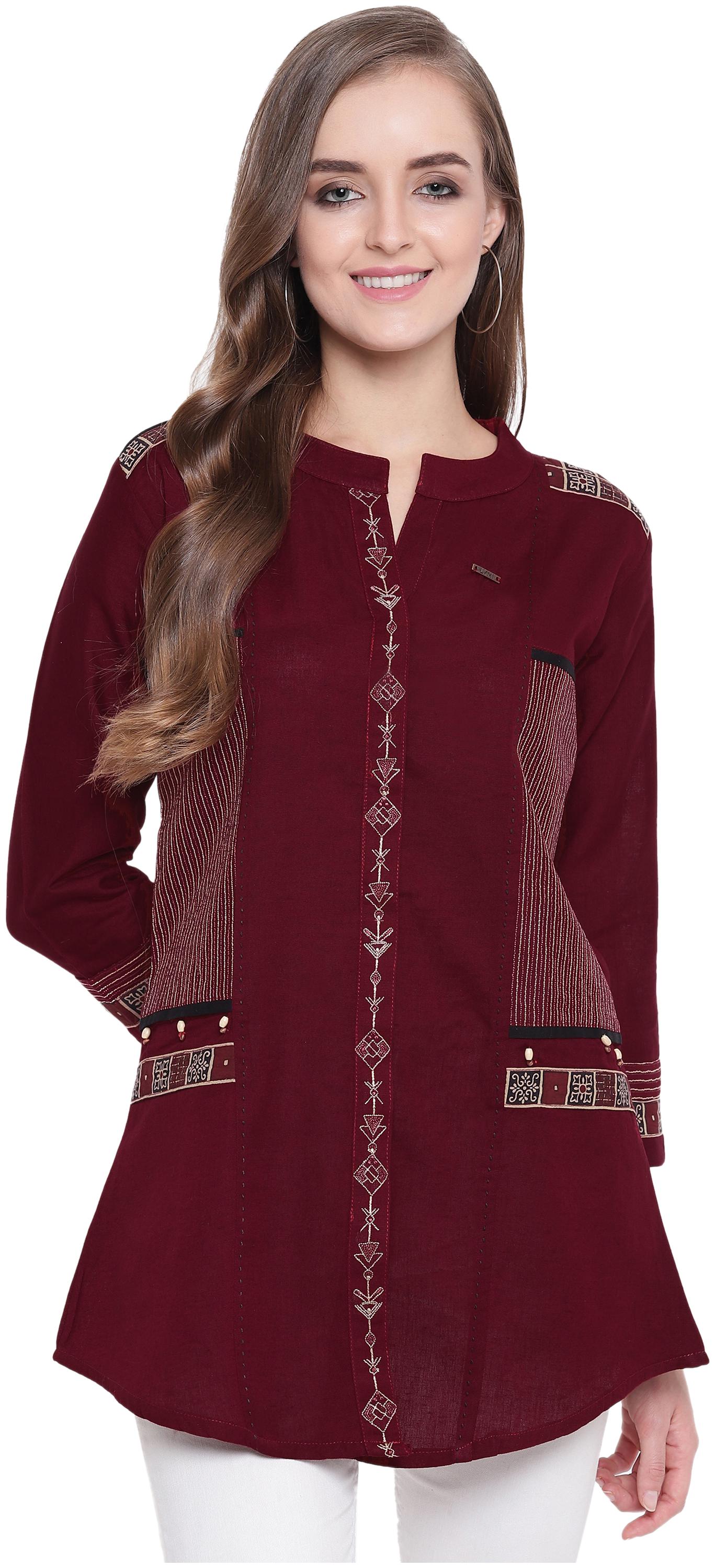 

Kvsfab Women Embroidered A-line top - Maroon