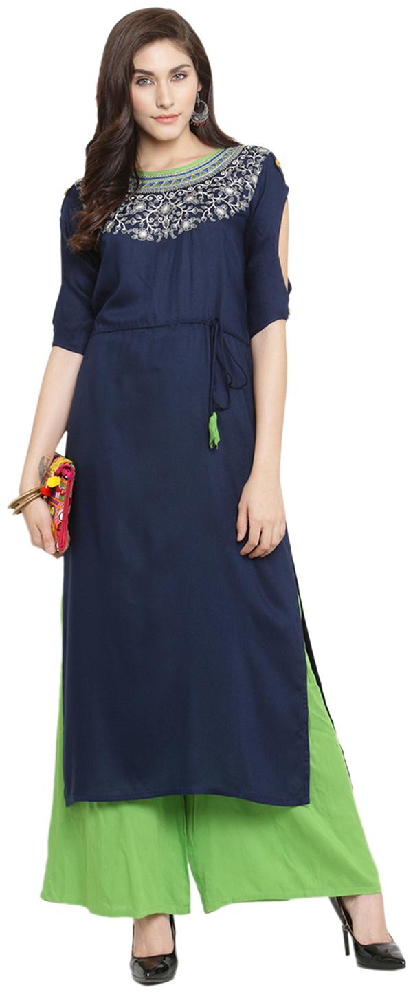 

Kvsfab Navy Blue Green Color Embrodiery Un Stitched Dress Material