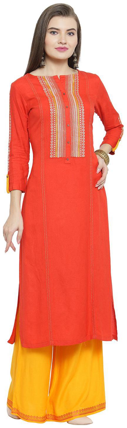 

Kvsfab Orange Yellow Color Rayon Embroidered Kurta Set