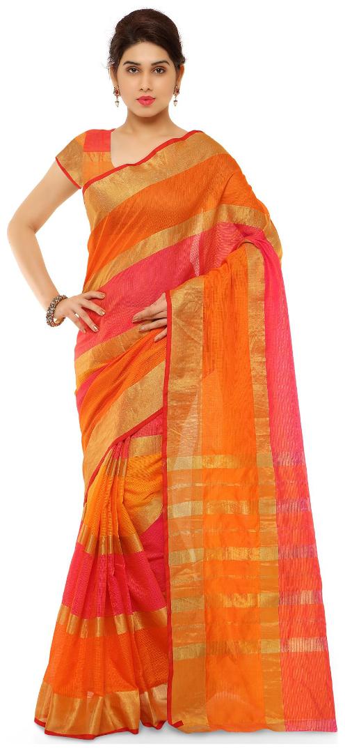 

Kvsfab Orange Pink Cotton Silk Printed Collage Wear Fashionable Heavy Saree