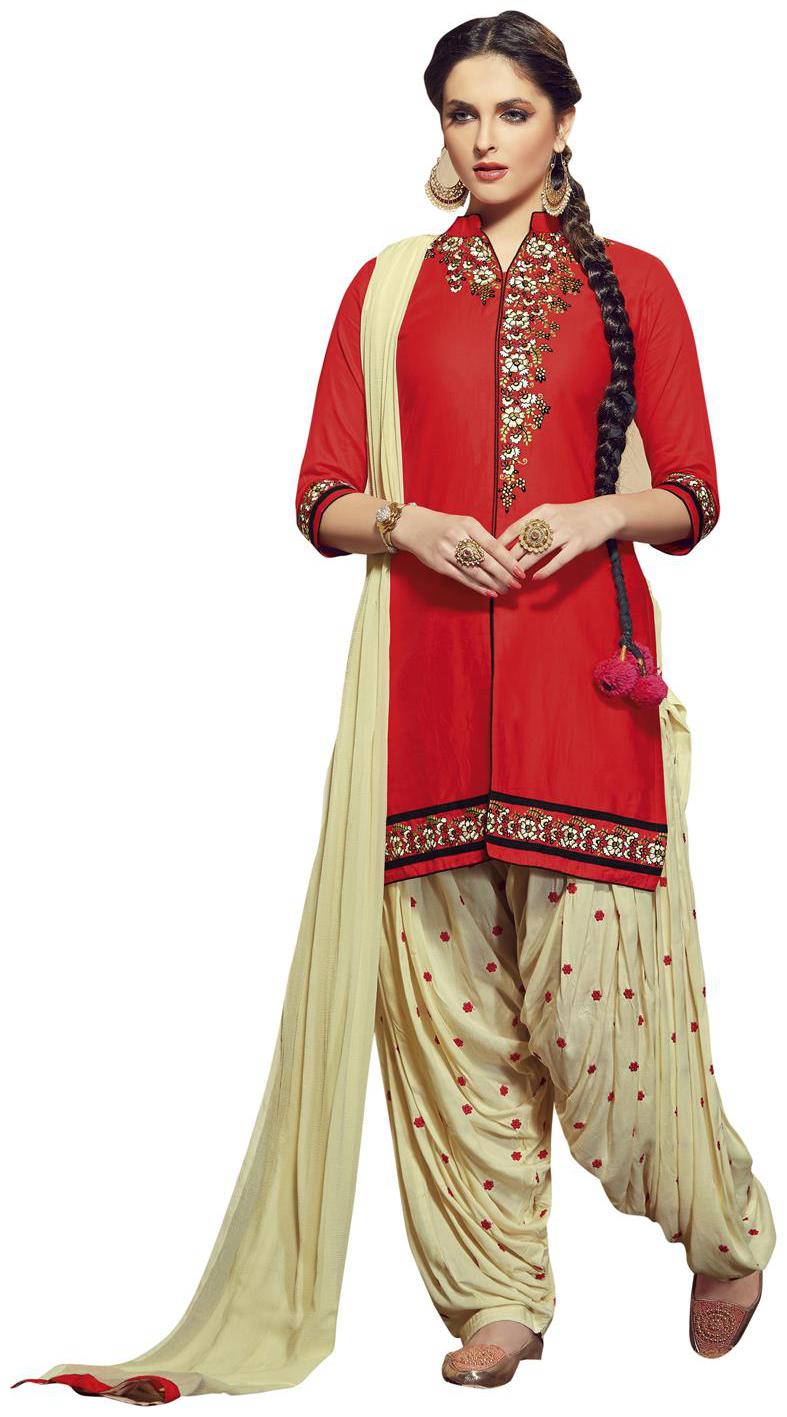 

Kvsfab Red Beige Cotton Cambricembroiderd patiala un-stitched dress Material KVSSK6208FOP 10