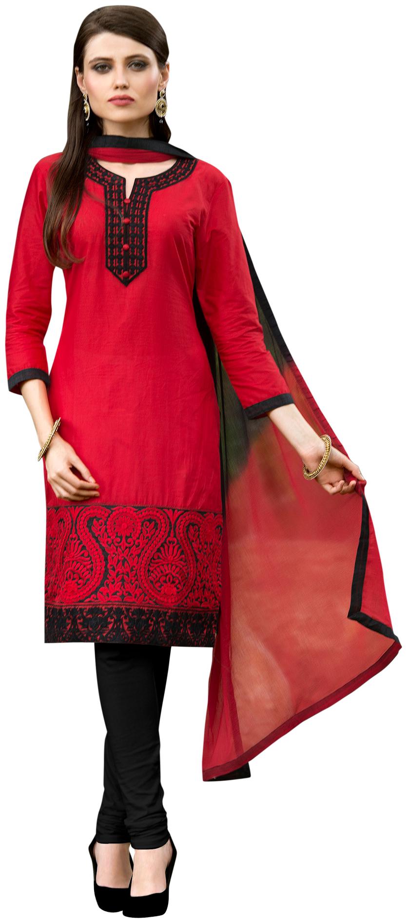 

Kvsfab Red Pure Cotton Embroidered Ethnic Wear Straight Cut Unstitched Retro Fashionable Dress Material