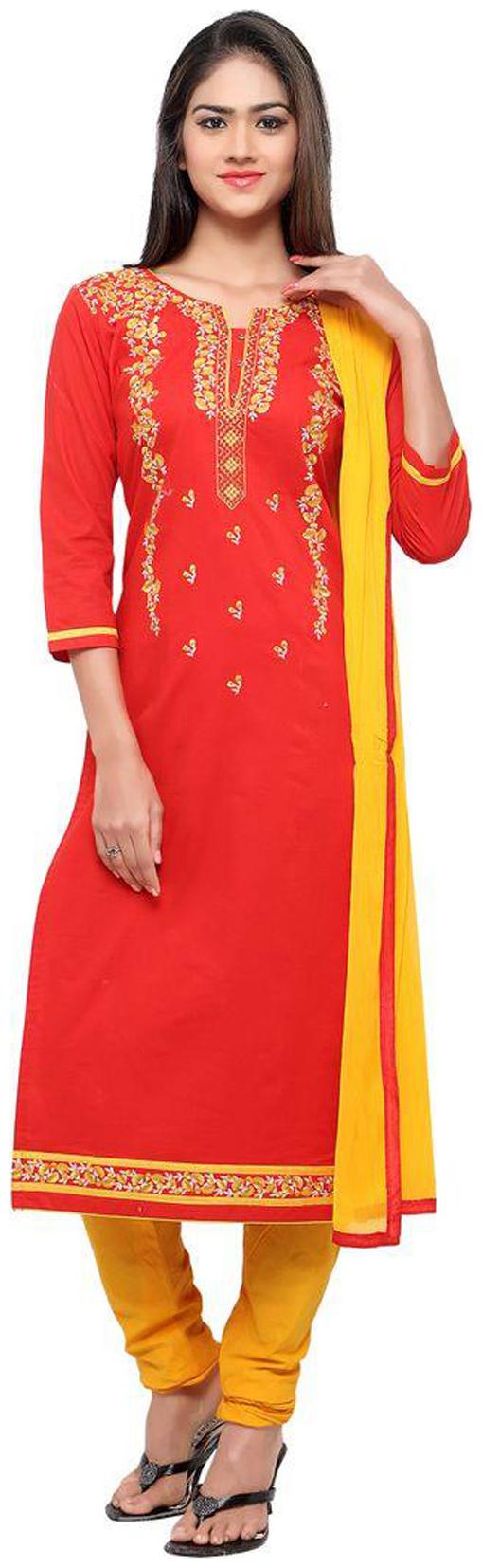 

Kvsfab Red Yellow Cotton Un-stitched Dress Material