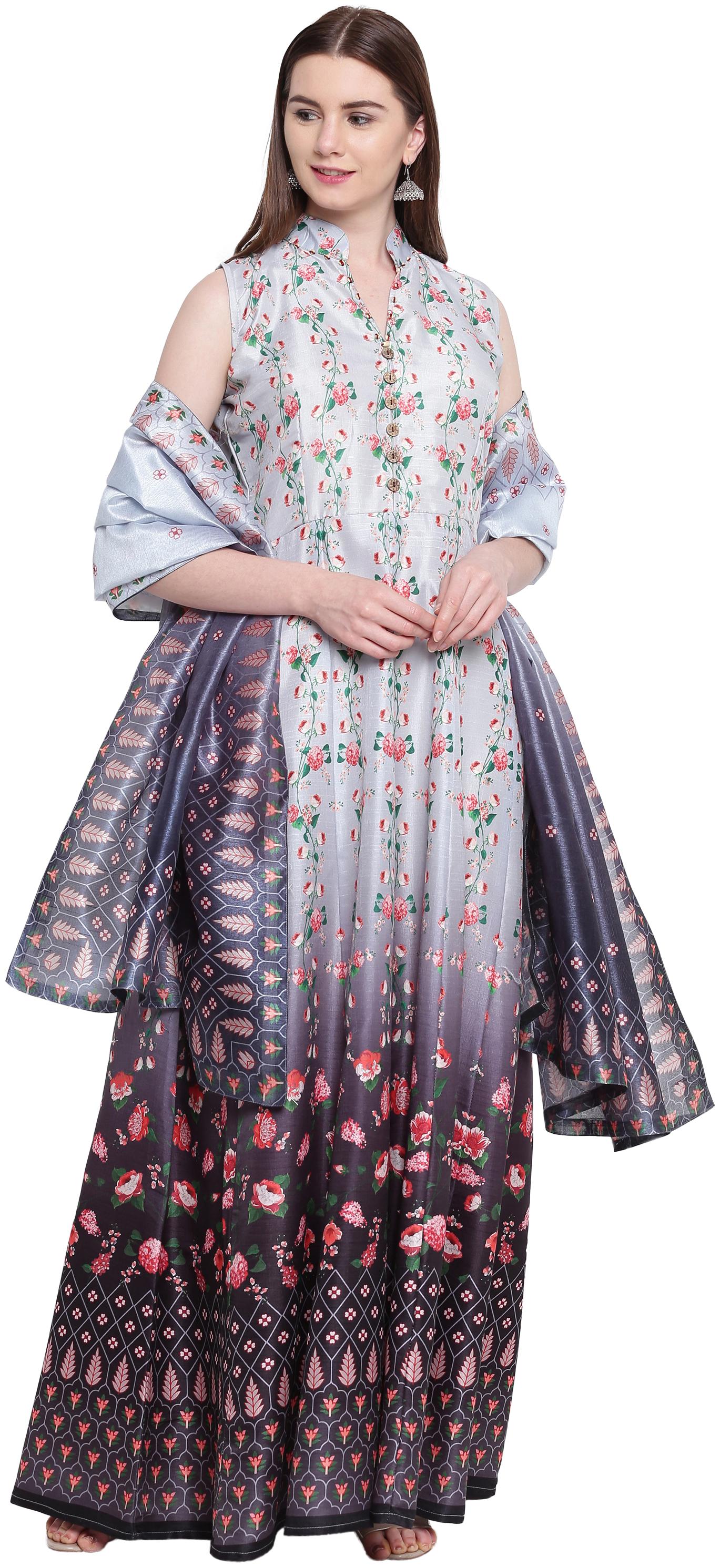 

Kvsfab Silk Blend Grey Multi Color Gown with Dupatta Grey