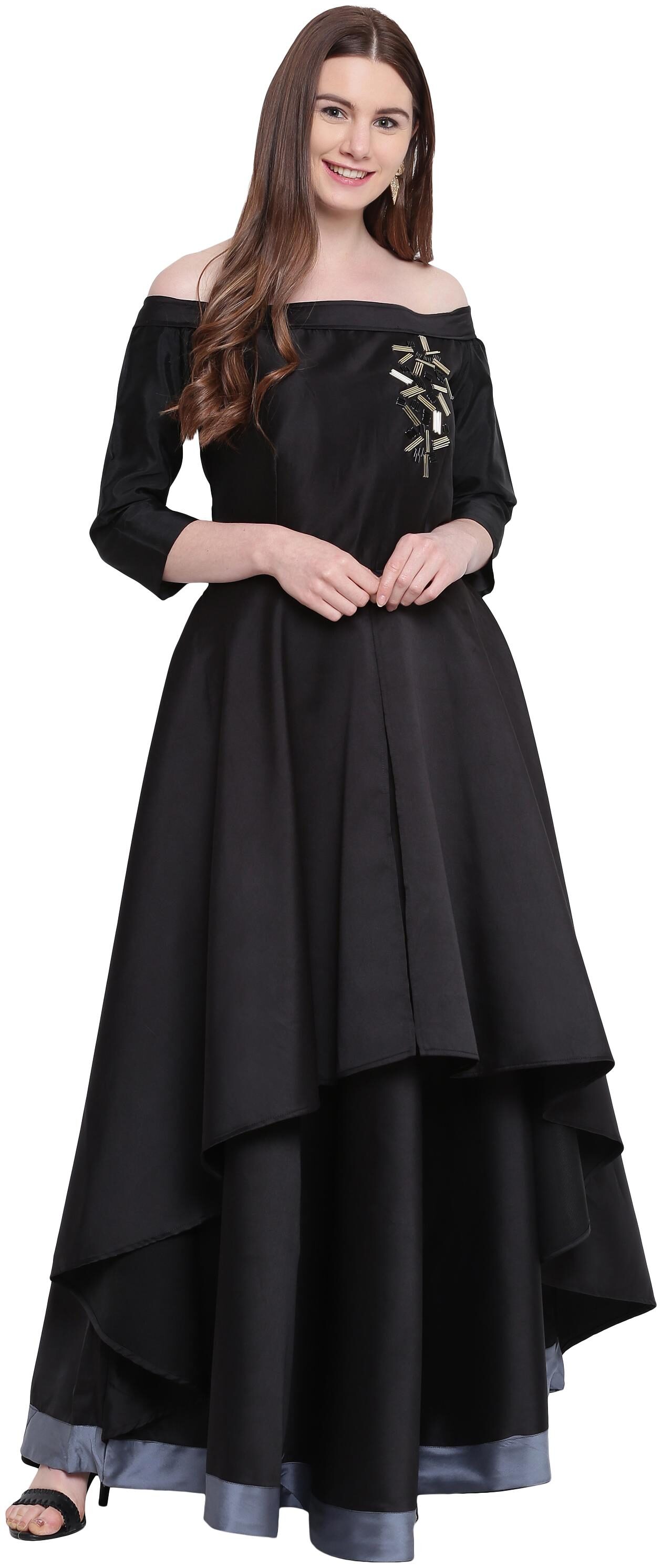 

Kvsfab Silk Blend Handwork Flared Gown Black