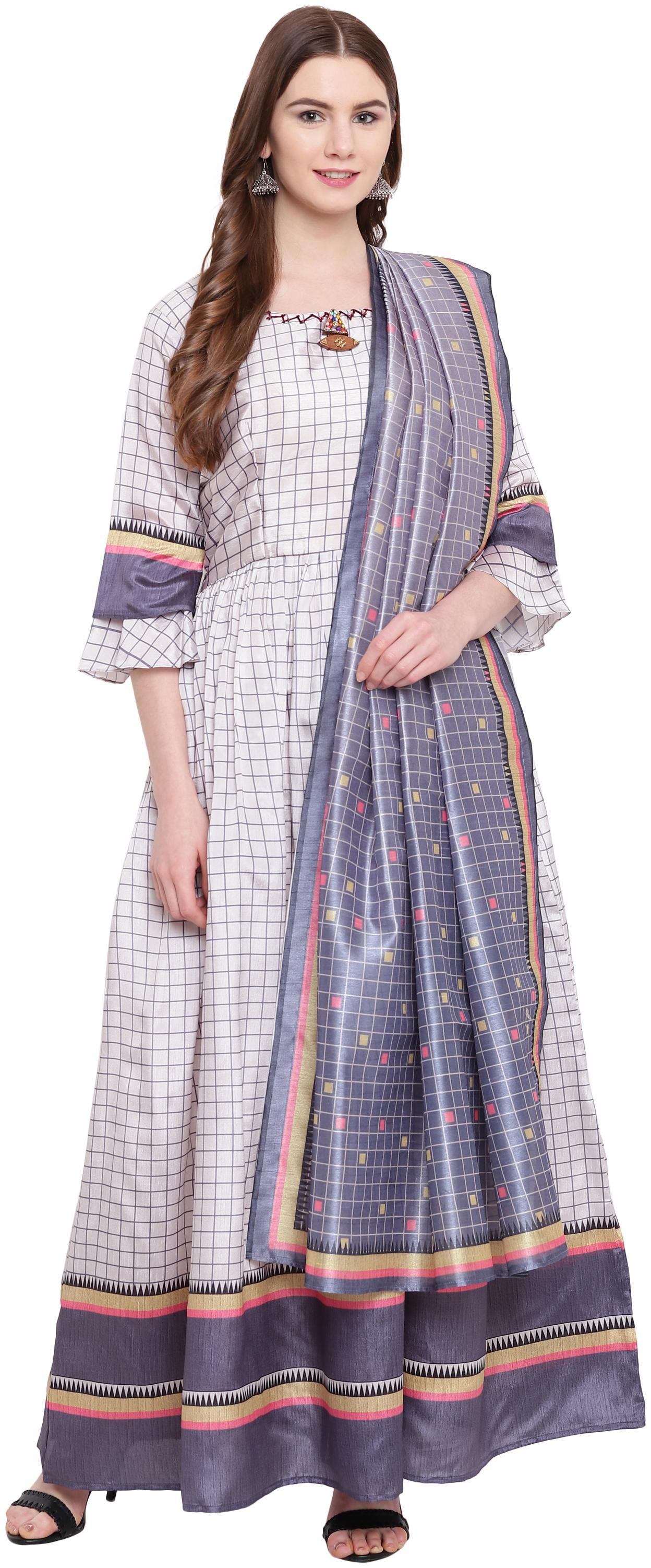 

Kvsfab Silk Blend Grey Color Gown with Dupatta Off White