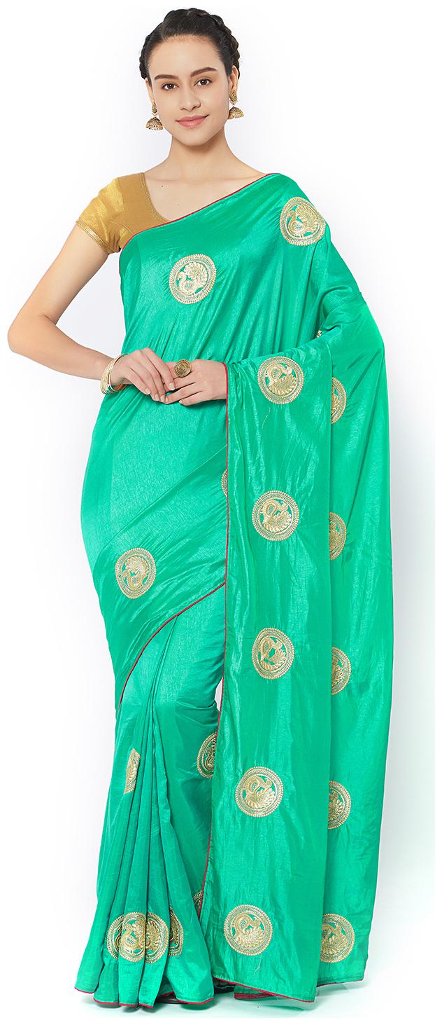 

Kvsfab Turquoise Pastel Green Zari Work Saree