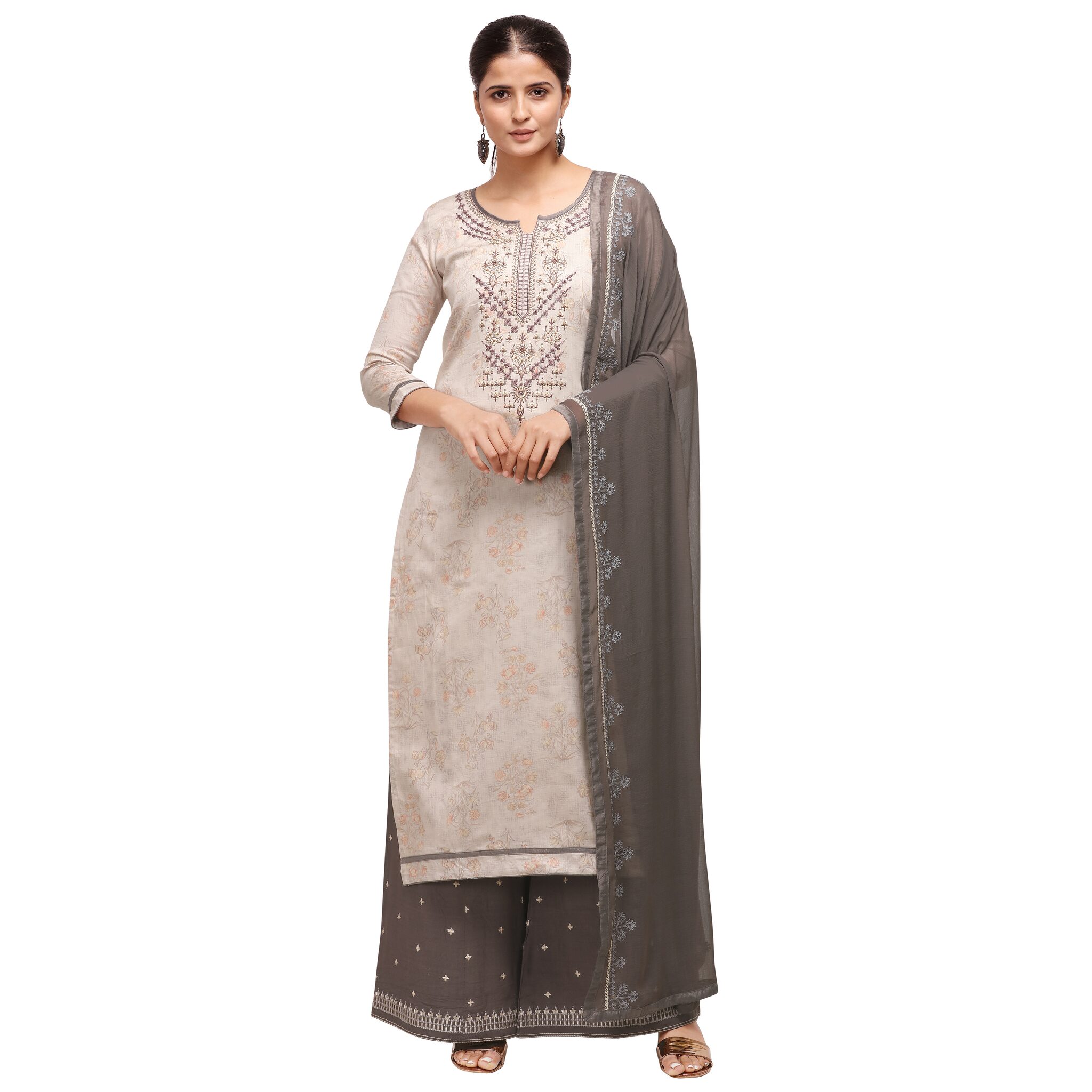 

Kvsfab Cream Unstitched Kurta with bottom dupatta With dupatta Dress Material