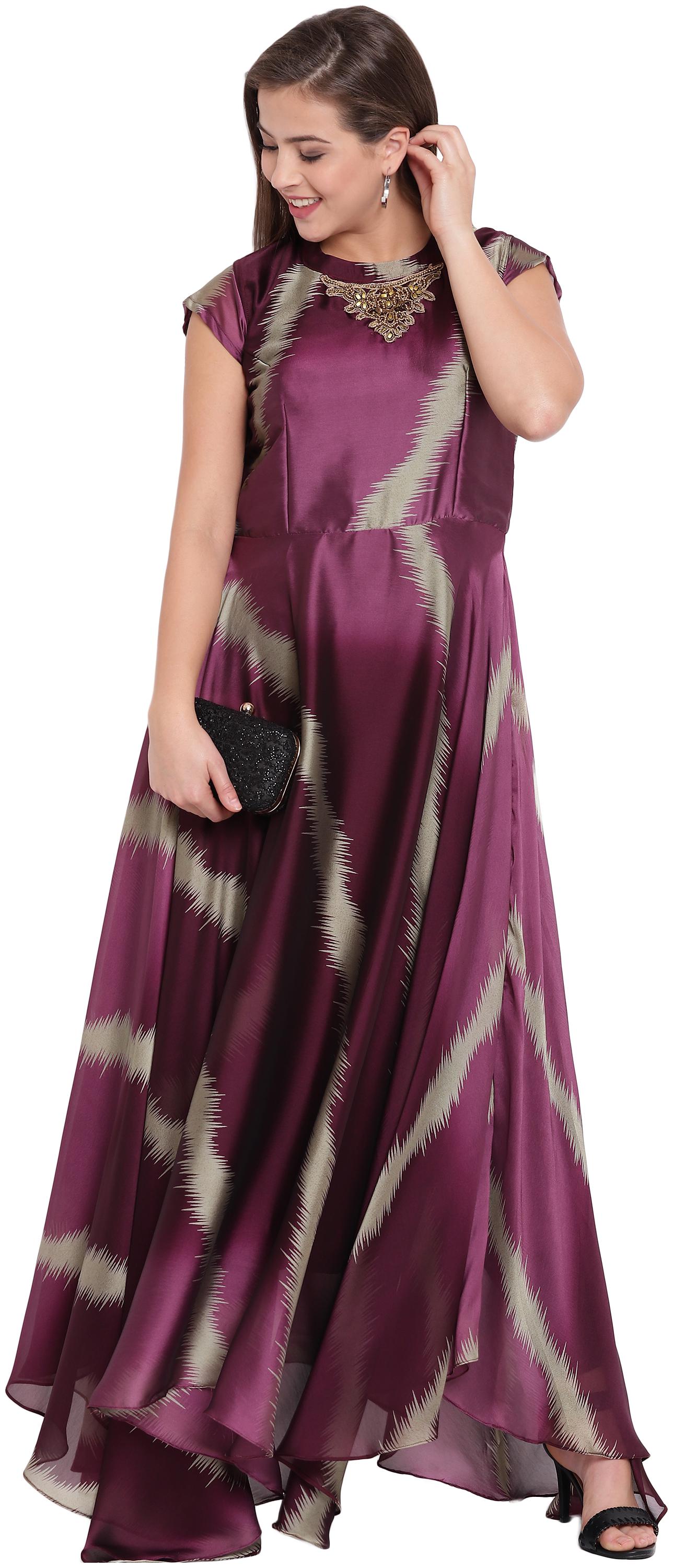 

Kvsfab Wine Green Color Georgette Flared Dress