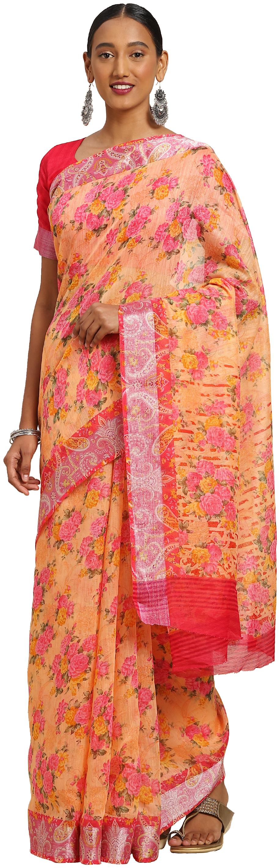 

Kvsfab Women Cotton Blend Floral Orange Regular Saree With Blouse