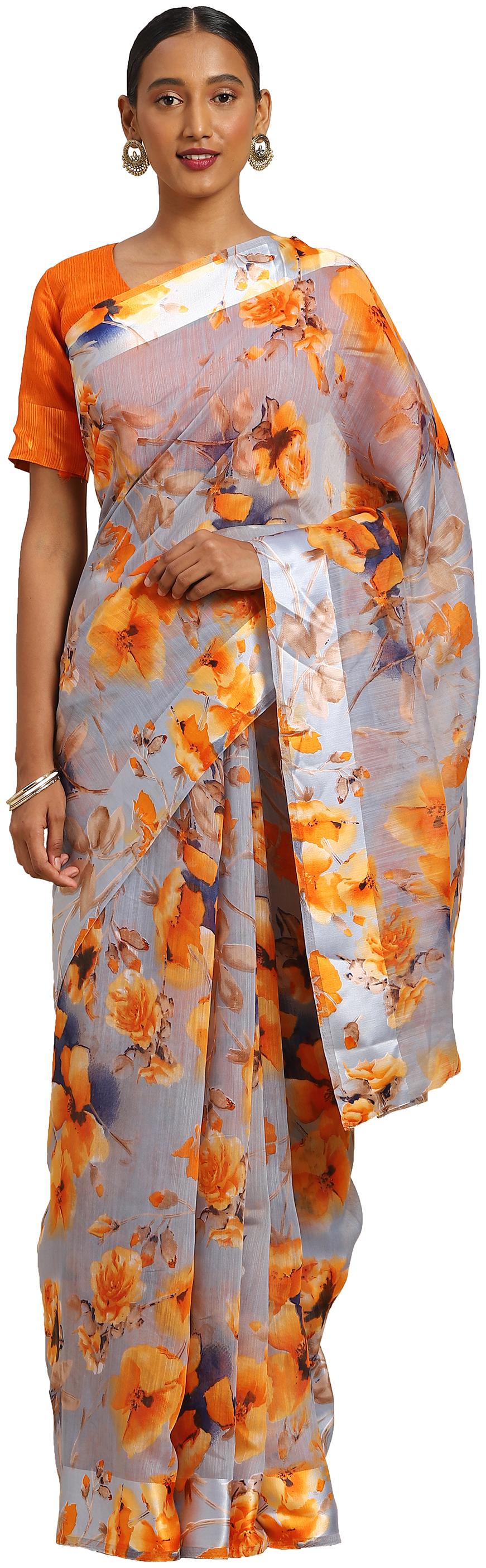 

Kvsfab Women Linen Floral Grey Regular Saree With Blouse