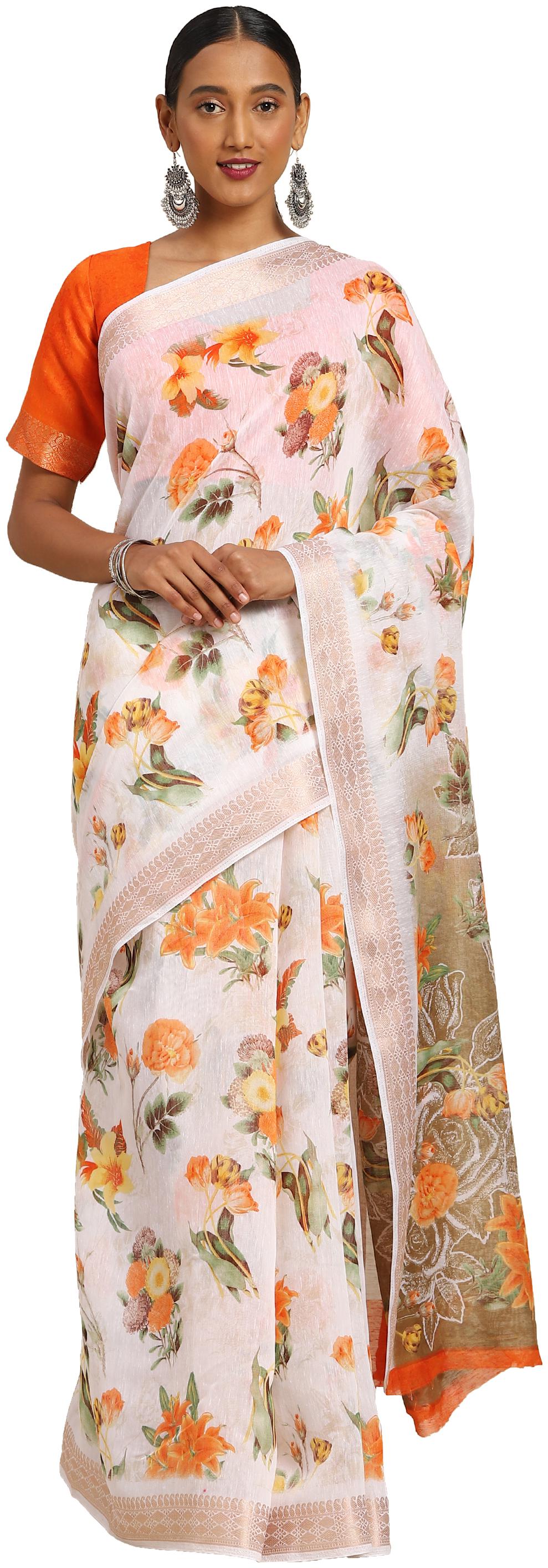 

Kvsfab Women Cotton Blend Floral White Regular Saree With Blouse
