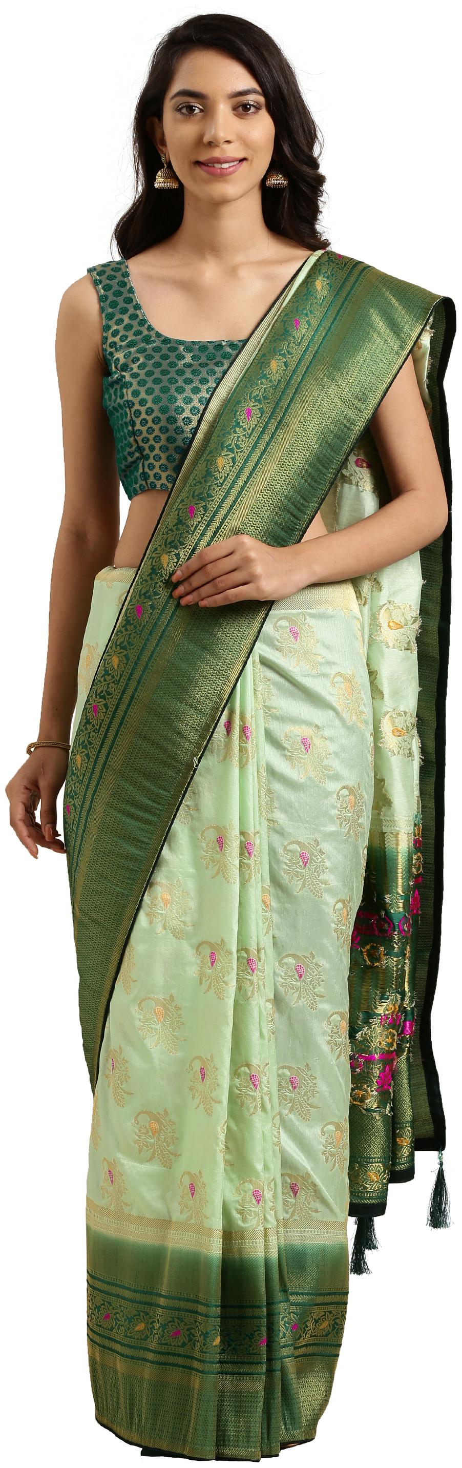 

Kvsfab Women Silk Woven Green Designer Saree With Blouse