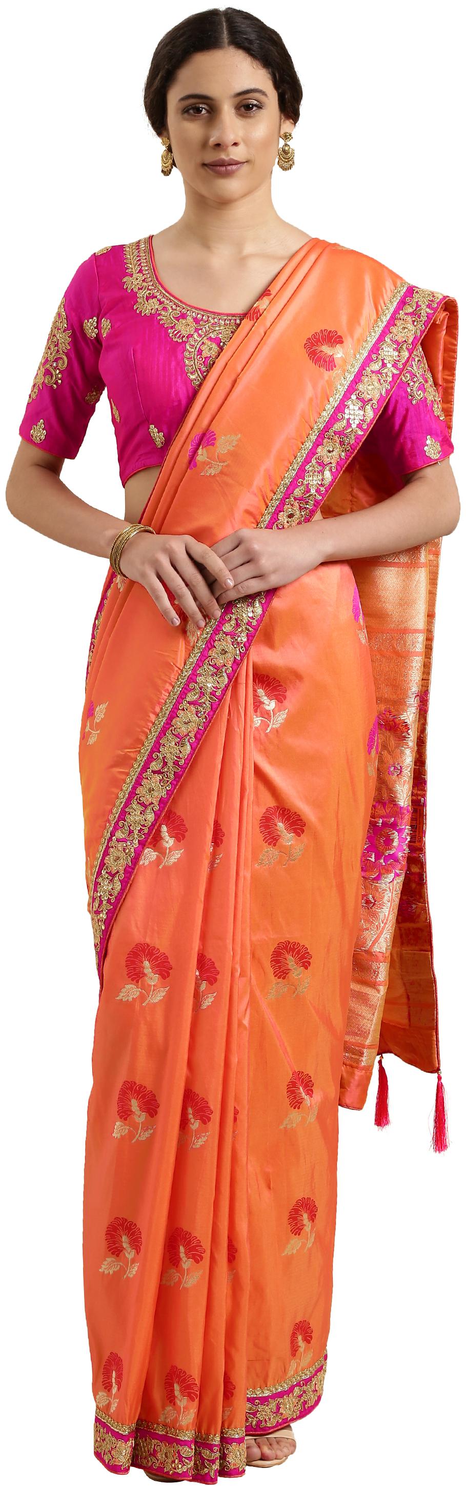 

Kvsfab Women Silk Designer Saree Orange With Blouse