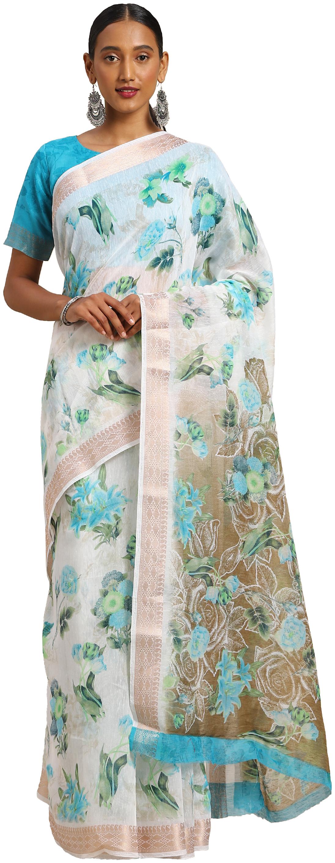 

Kvsfab Women Cotton Blend Floral White Regular Saree With Blouse