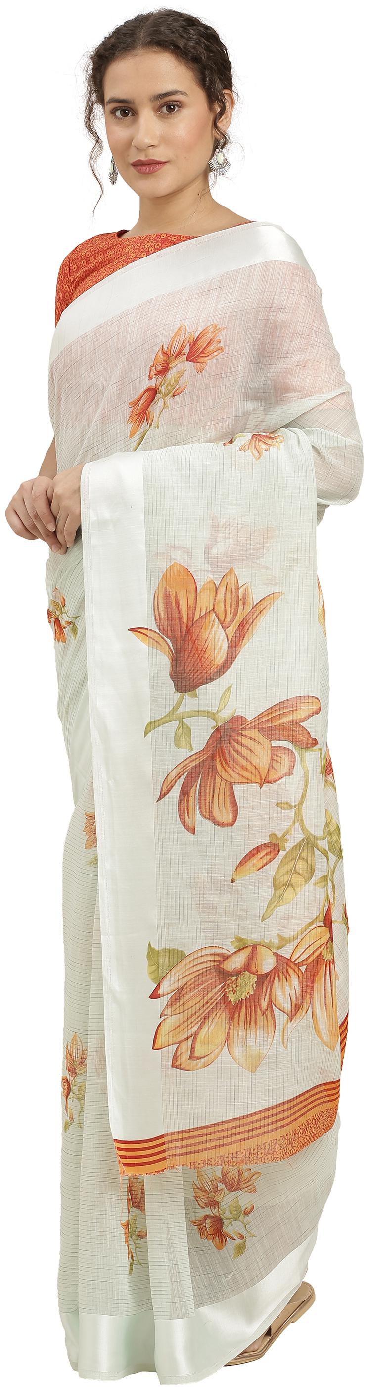 

Kvsfab Women Cotton Blend White Regular Saree With Blouse