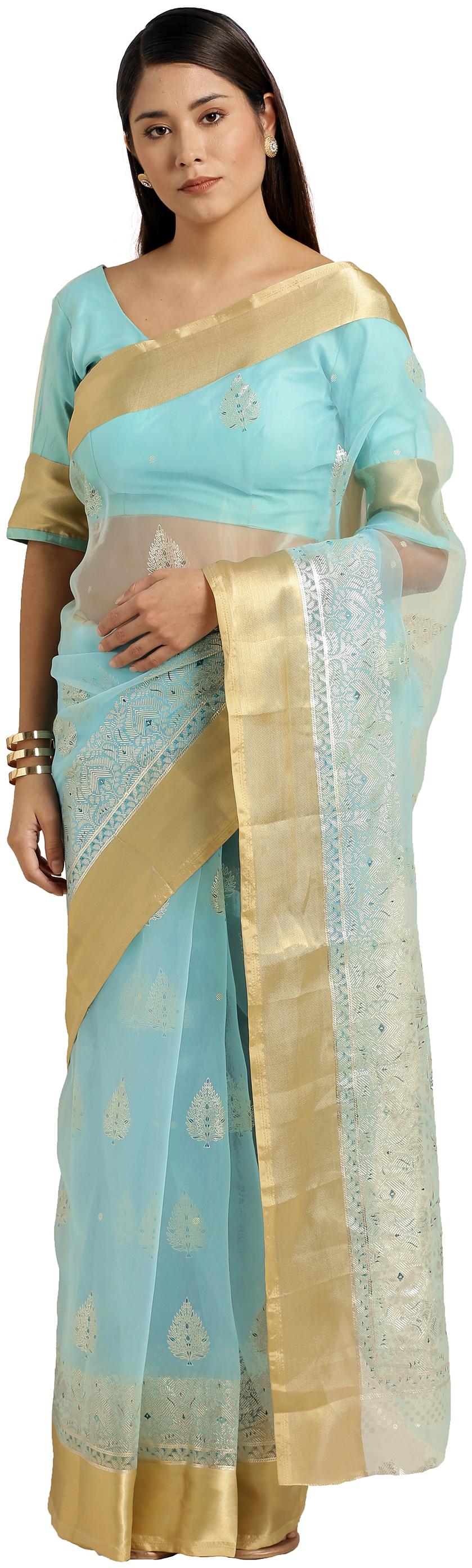 

Kvsfab Women Organza Printed Blue Regular Saree With Blouse