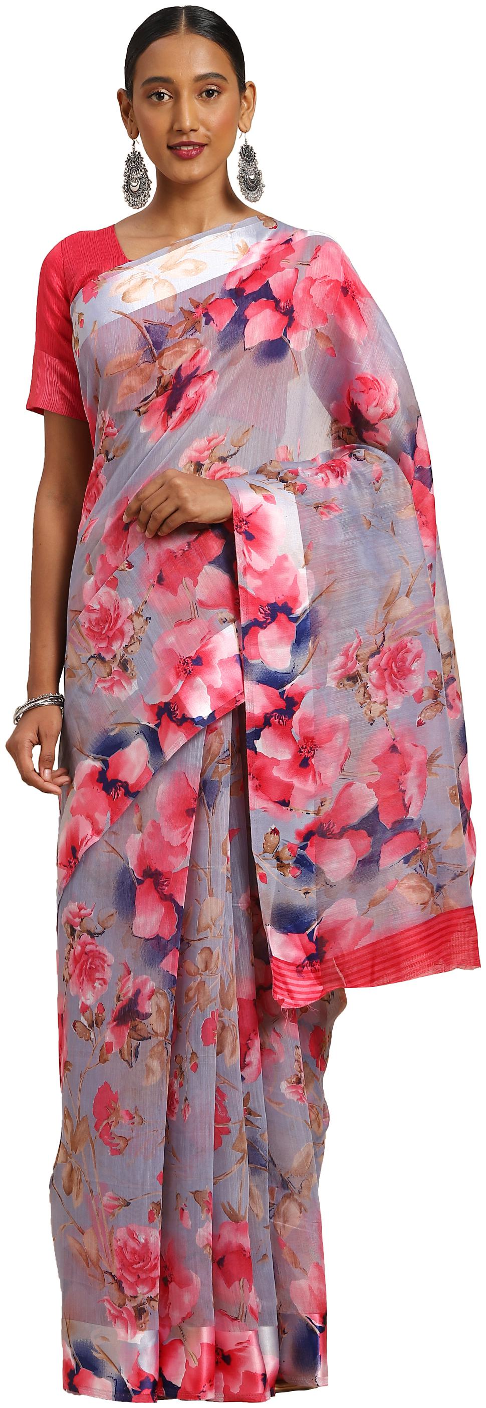 

Kvsfab Women Linen Floral Grey Regular Saree With Blouse