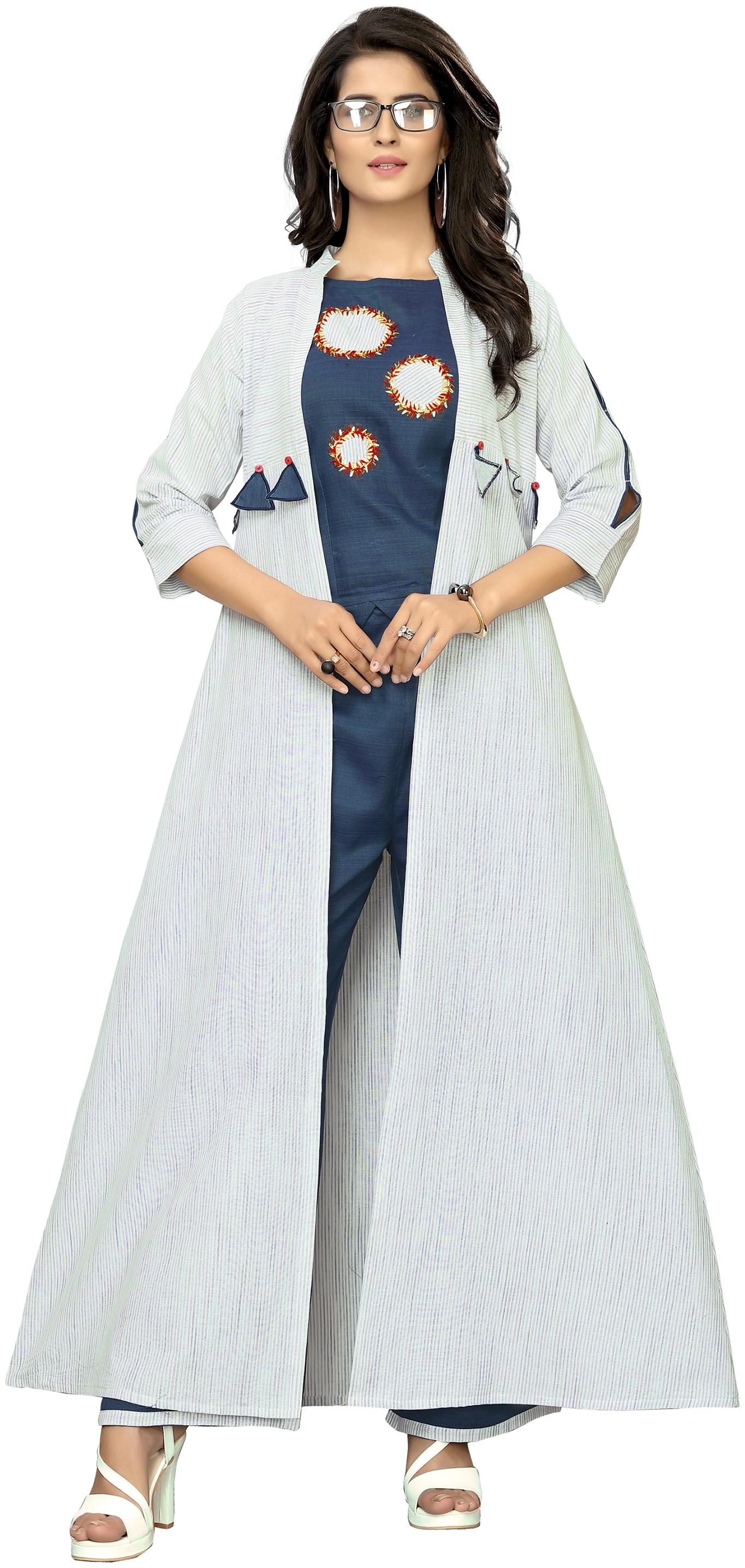 

Kvsfab Women Blue White Printed Top with Plazzo Ethnic Jacket
