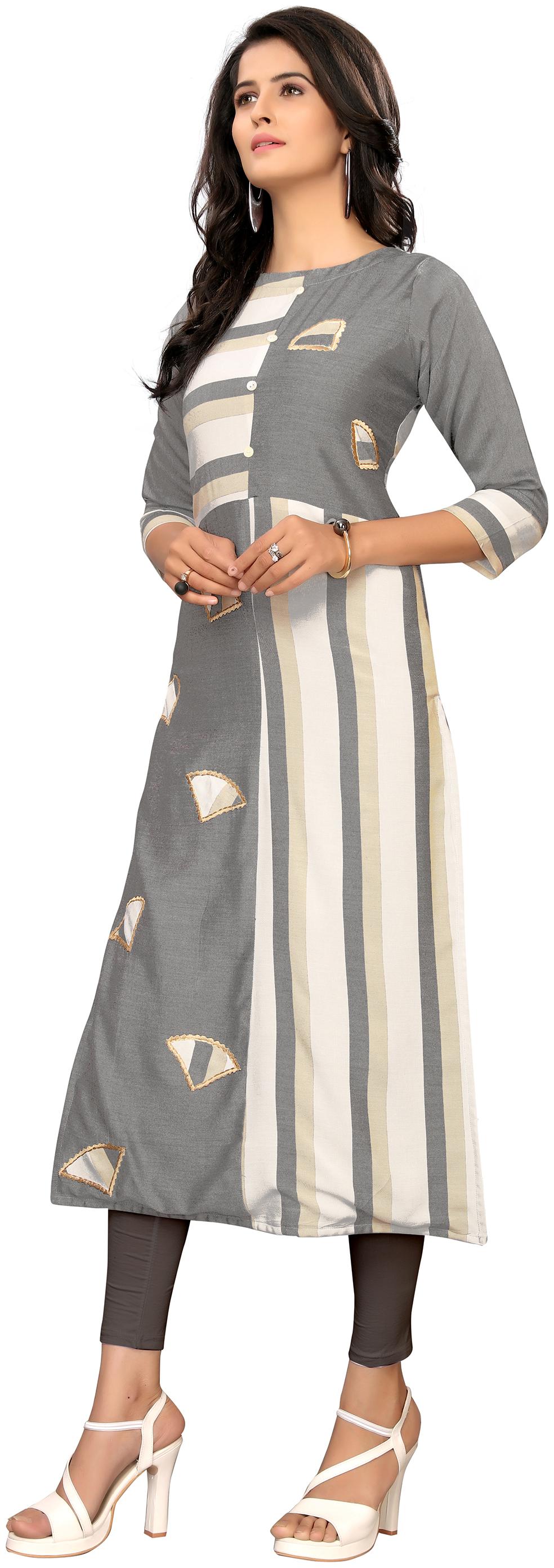 

Kvsfab Women Cotton Kurta Grey White
