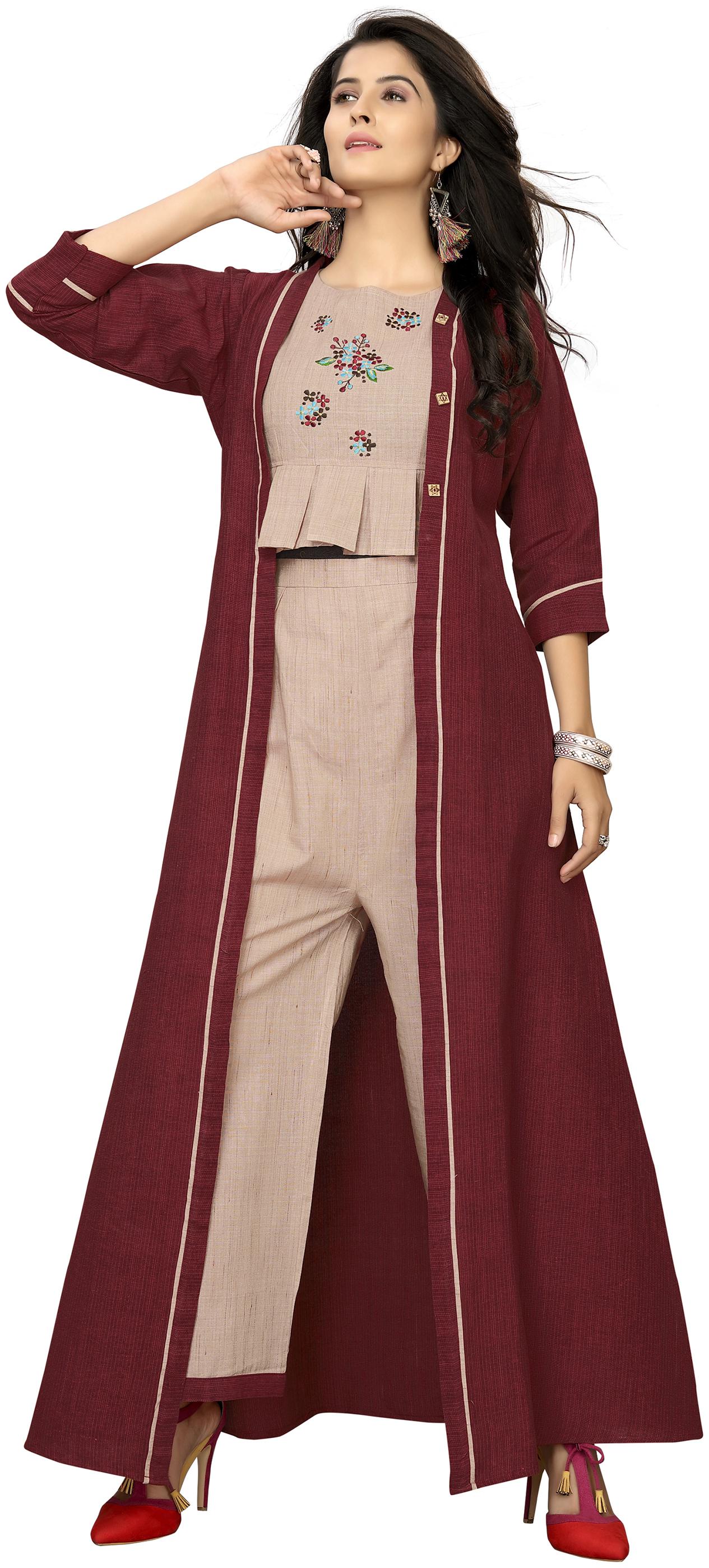 

Kvsfab Women Beige Maroon Printed Top with Plazzo Ethnic Jacket