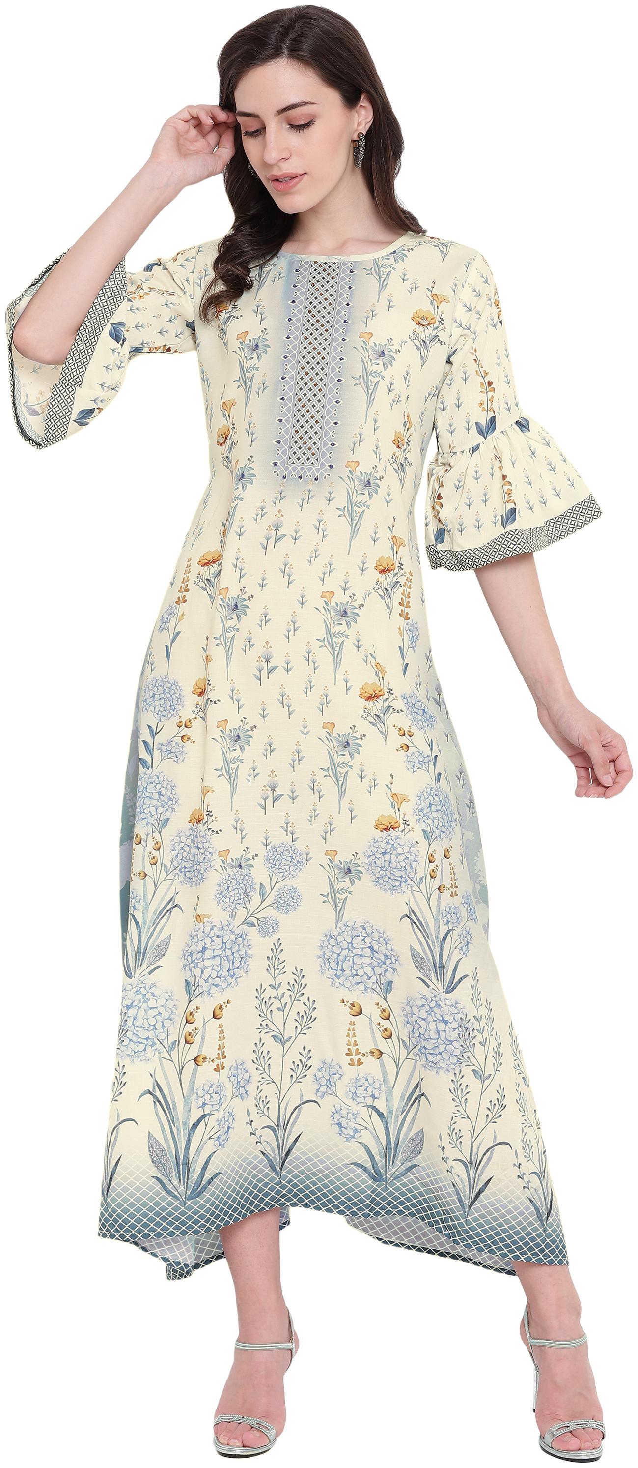 

Kvsfab Women Cream Grey Printed Straight Kurta