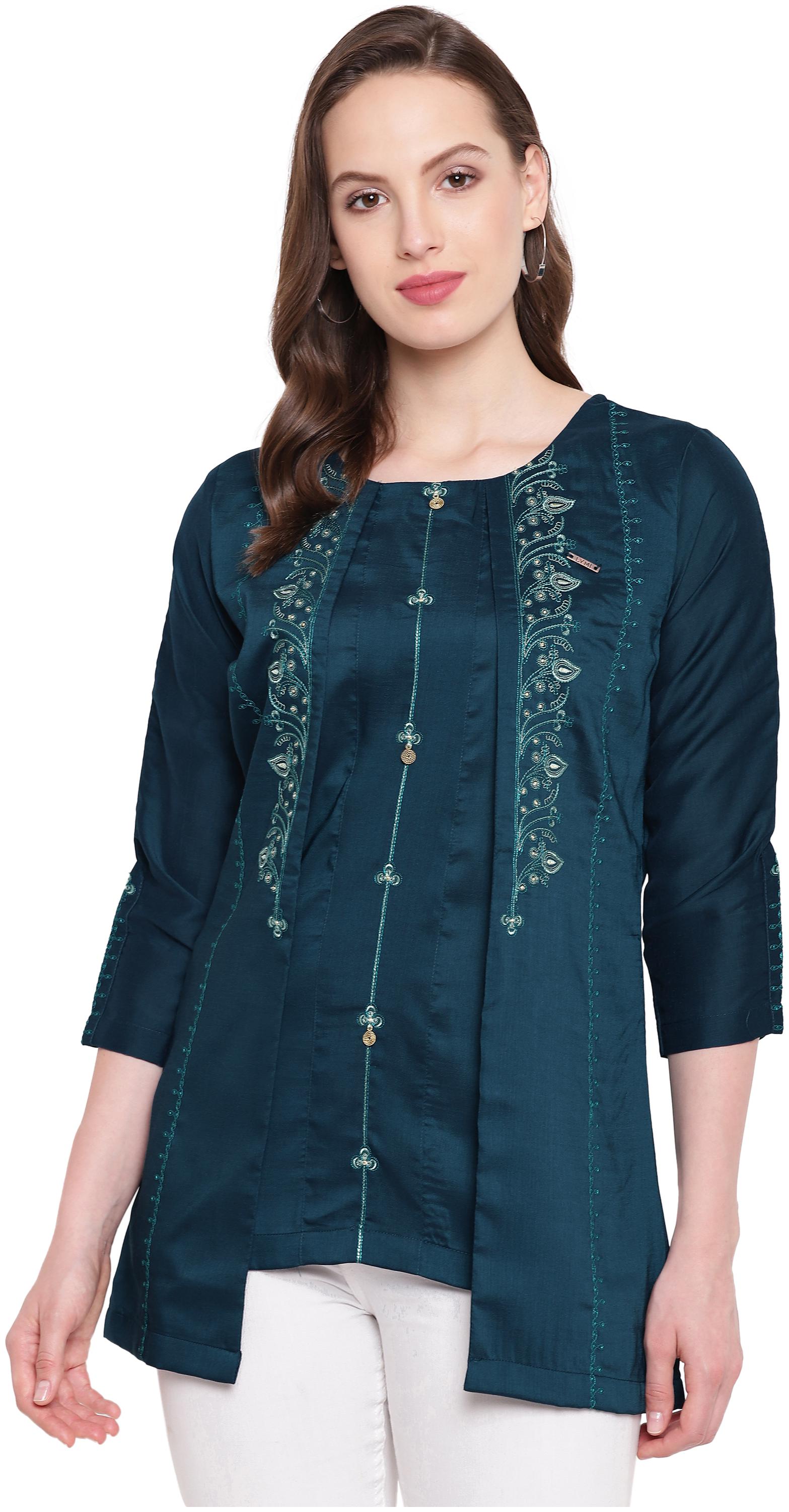 

Kvsfab Women Silk Embroidered A Line Kurti Green