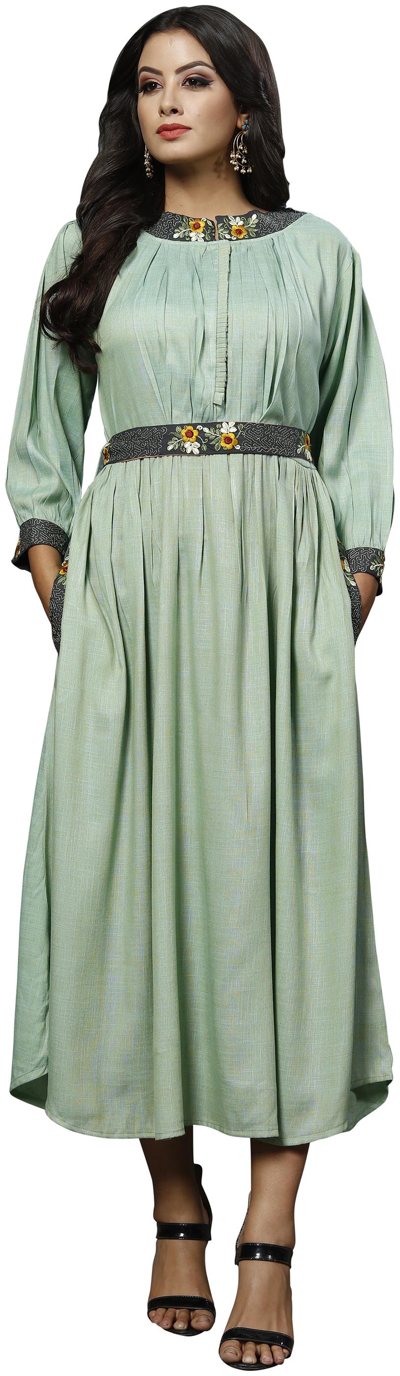 

Kvsfab WomenRayon Solid Green Stiched Gown
